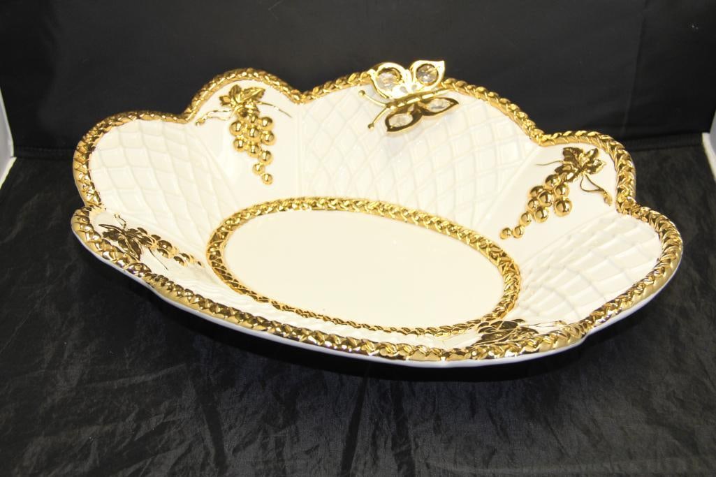 NEW RARE Bruno Costenaro B.C. Italy Porcelain White Oval Serving Dish with 24kt gold 7 Swarovski (1 of 6)