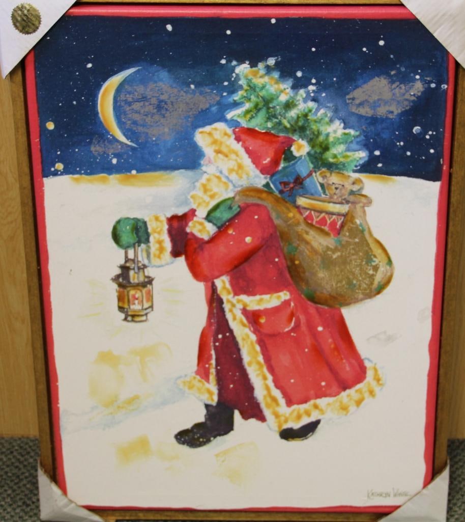 New Framed Canvas Oil Print Giclee of Santa with Toy Sack Artist Signed (1 of 2)