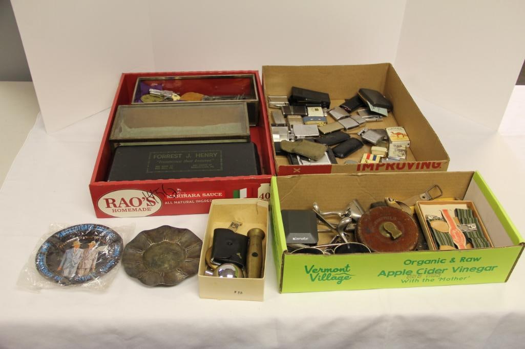 3 Box lots of 31 vintage lighters, ashtrays and dens tools, sunglasses, cap gun and more: Lighters are not tested.Pallmall, camel Winston, Sparky, Bentley Men's metal and glass storage and dresser boxes. Tape measure, belt buckles and more. SEE PICTURES FOR DETAILS