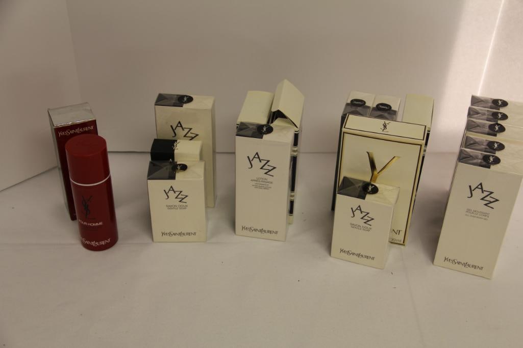 Lot of Men's fragrances JAZZ, KOUROS, YSL. NEW: We cannot guarantee freshness. Lot includes 6 open bottles boxes of YSL after shave, JAZZ, YSL lotion and 3 boxes of Kourox all over shampoo for men. Lot includes 6 Sealed boxes of JAZZ All over body 