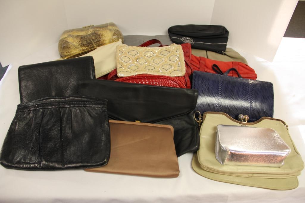 Lot of 12 ladies assorted clutch handbags. Most leather. (1 of 3)
