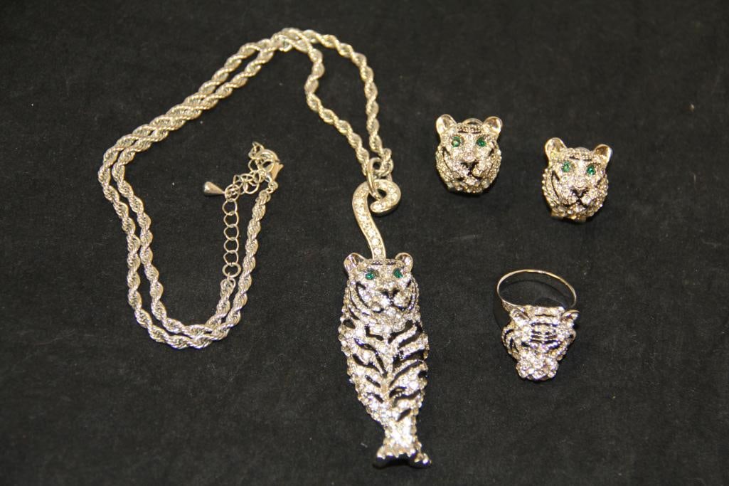 Silver tone Tiger pendant necklace and matching earrings and ring set (1 of 3)