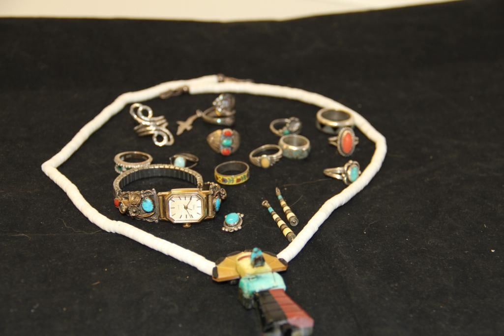 Lot of Native American jewelry and assorted sterling Kachina shell necklace (1 of 7)