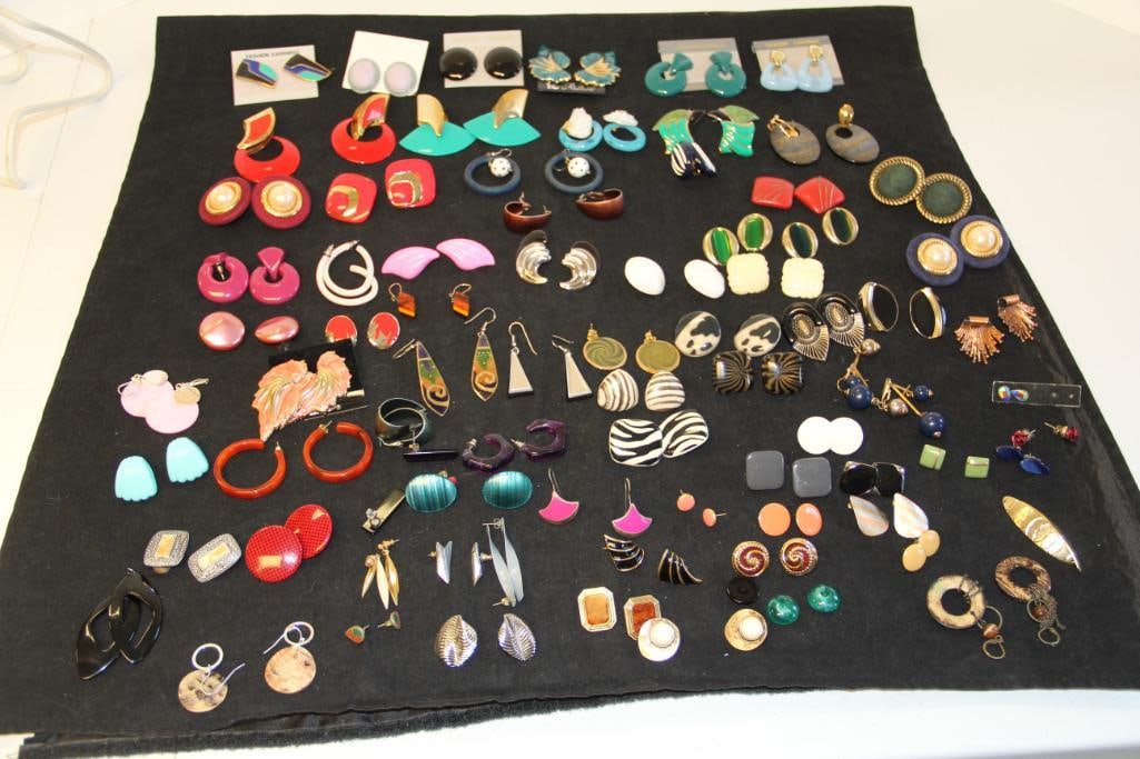 Large 79 Pair Lot of Vintage Retro Costume Jewelry Earrings: All kinds, designs in metal, enamel, acrylic, ? 1 pair of possible Bakelite or amber?. Many new on cards. LOOK AT ALL PICTURES FOR DETAILS ON EACH PIECE. FROM A MASSIVE ESTATE COLLECTION Many pieces u