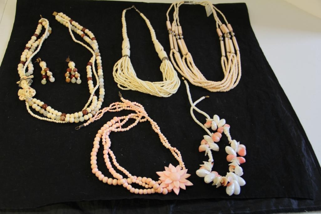 Large 6 Piece Lot of Vintage Retro Costume Jewelry Bone, Angelskin, shells stone: 3 strand Geisha carved bone and stone beaded necklace, and matching earrings, angelskin coral, shell and carved bone LOOK AT ALL PICTURES FOR DETAILS ON EACH PIECE. FROM A MASSIVE ESTATE COLLECTION Ma