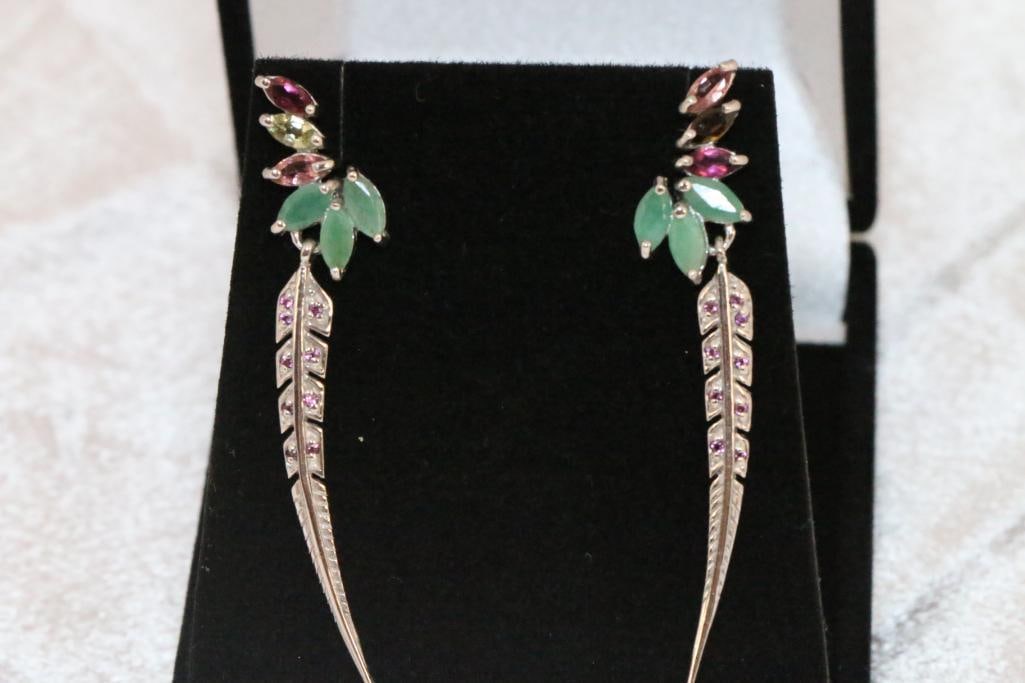 NEW sterling silver Emerald & Rhodolite gemstone dangle feather design Pierced Earrings (1 of 6)