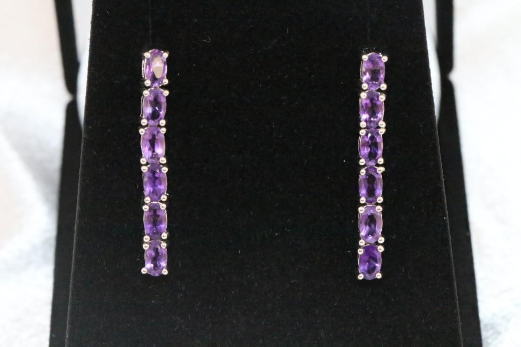 NEW sterling silver Oval Amethyst Long dangle drop Earrings (1 of 4)