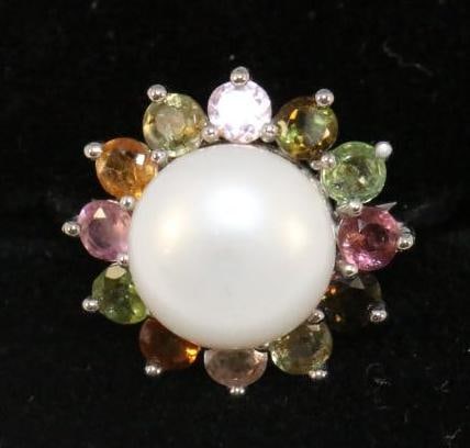 NEW sterling silver Pearl & multi tourmaline gemstone ring size 7 (1 of 7)