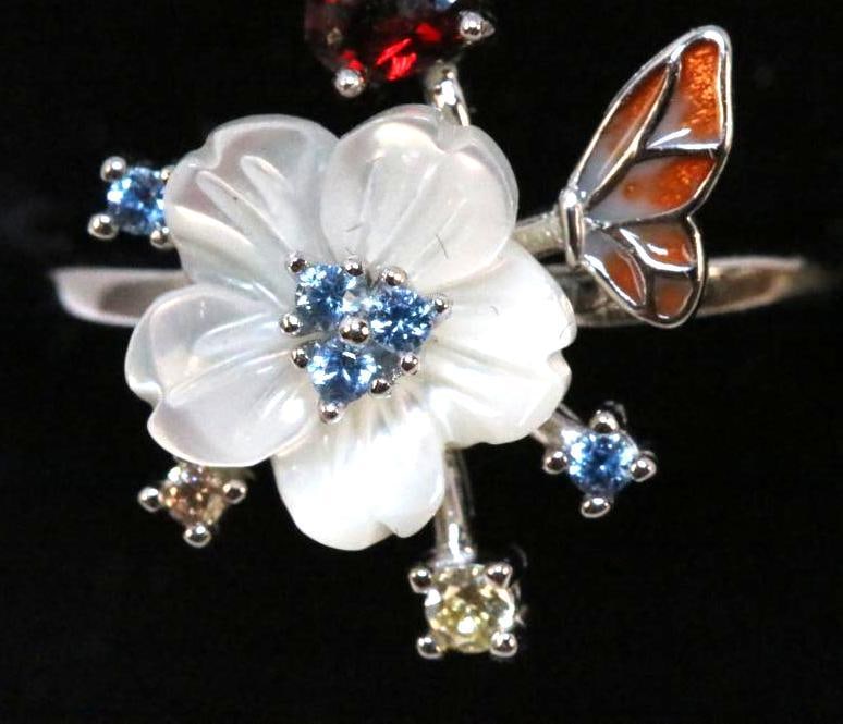 NEW sterling silver Mother or pearl multi sapphire flower butterfly ring size 8 (1 of 5)