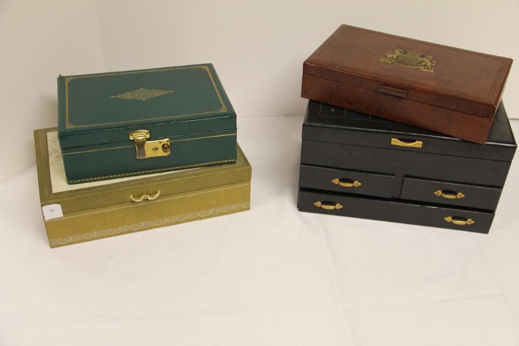 Lot of 4 Large leatherette jewelry boxes: Includes 1 taller box with 3 drawers and open top, other 3 open on the top with divided insets. See pictures.