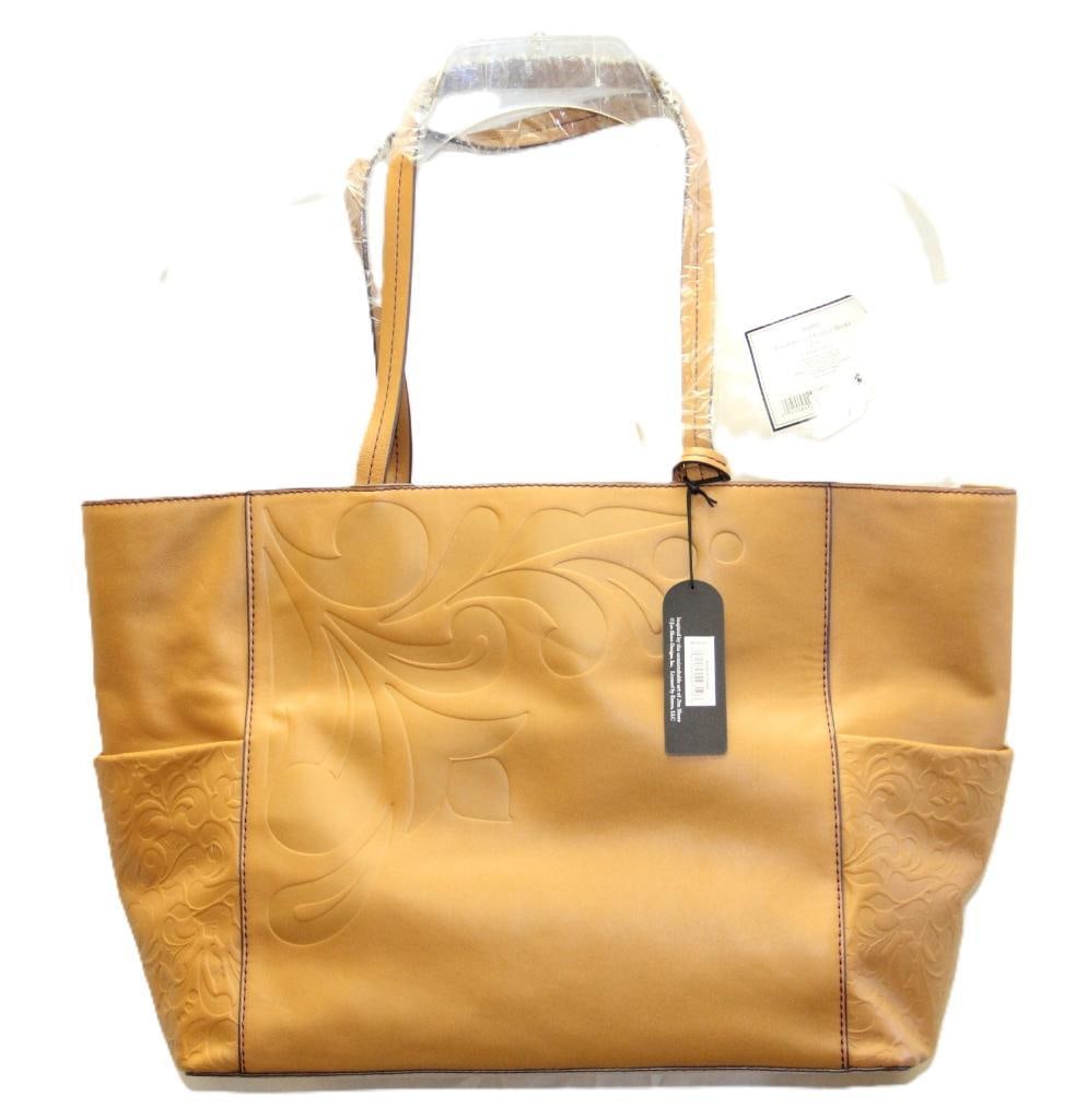 NEW DESIGNER Jim Shore Lena Leather Tote Bag: New with tags, brown dust bag, embossed front, measures: 20" wide, 11" high, Lined with checkered fabric. RETAILS $150