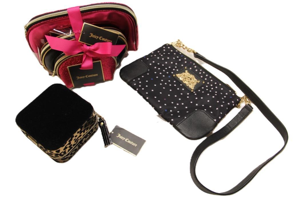 NEW DESIGNER Juicy Couture Set of 3 dome shaped cosmetic bags, Juicy Couture black/gold leopard: AUTHENTIC: Set of three pink and black, Measurements: 5 1/2" wide, 8" wide, 10" wide. Black/gold: 5" x 5", black with stars 10" x 7 "