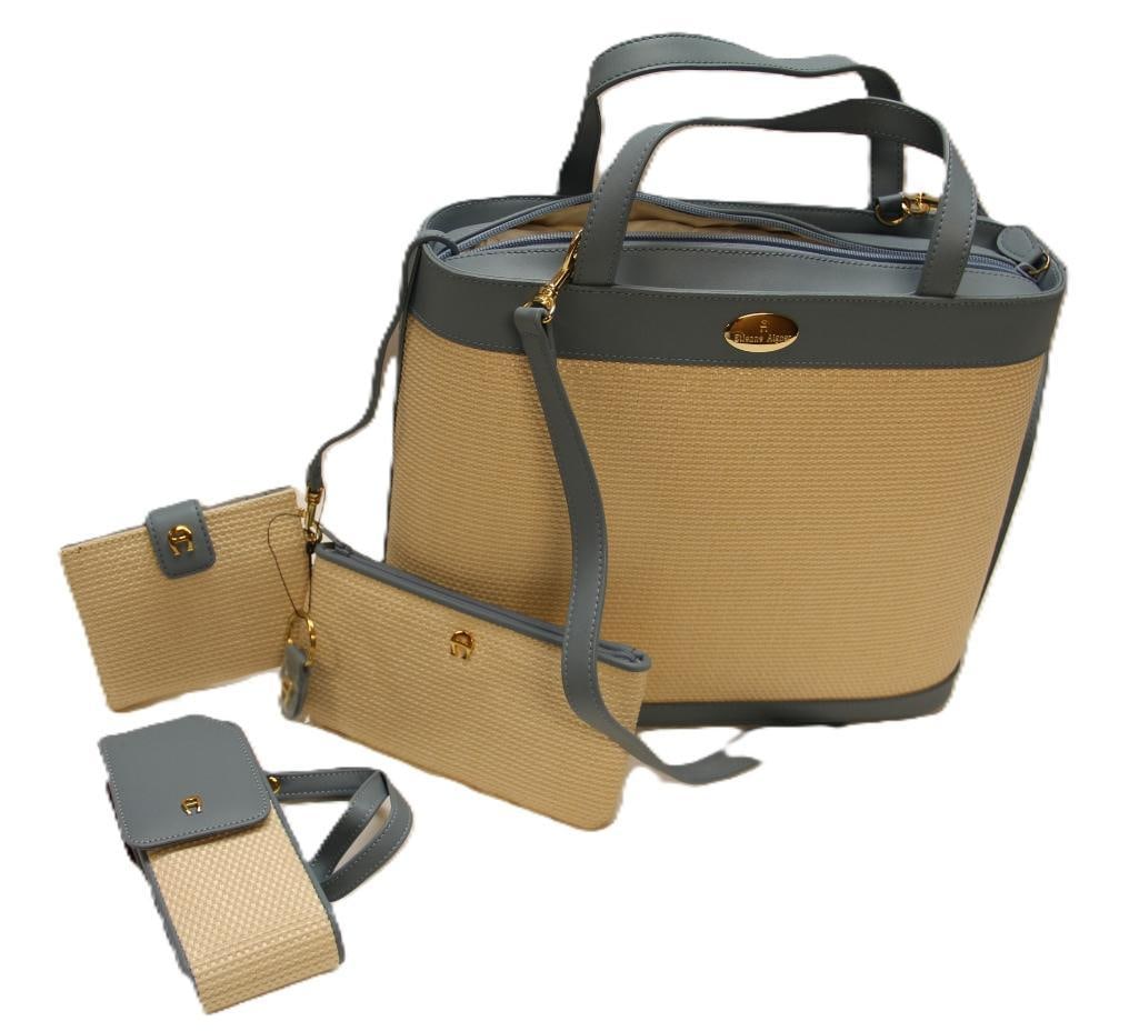 NEW DESIGNER Etienne Aigner Tan and Wedgewood blue Wicker style Purse 4 piece accessory set (1 of 3)