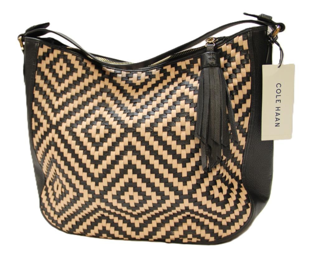 NEW DESIGNER Cole Haan Hobo Black & tan woven Vachetta leather handbag purse (1 of 4)