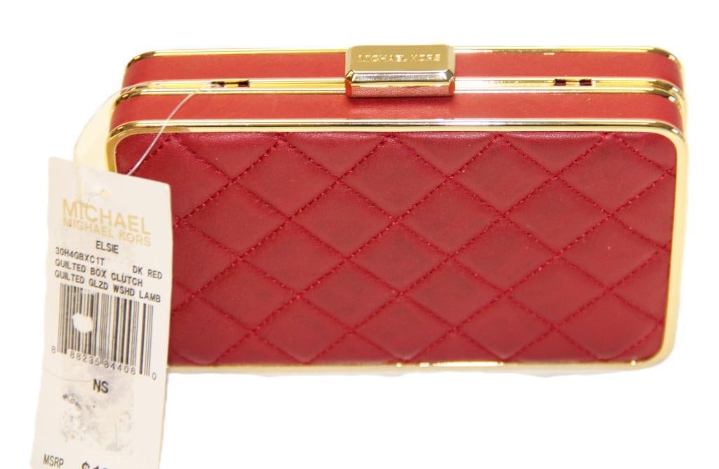 NEW DESIGNER Michael Kors Dark Red Quilted Lambskin Leather Box Clutch with gold chain (1 of 7)