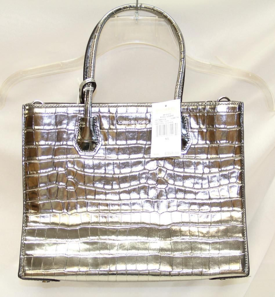 NEW DESIGNER Michael Kors Studio Mercer Gunmetal Croco Embossed Leather Handbag tote (1 of 8)
