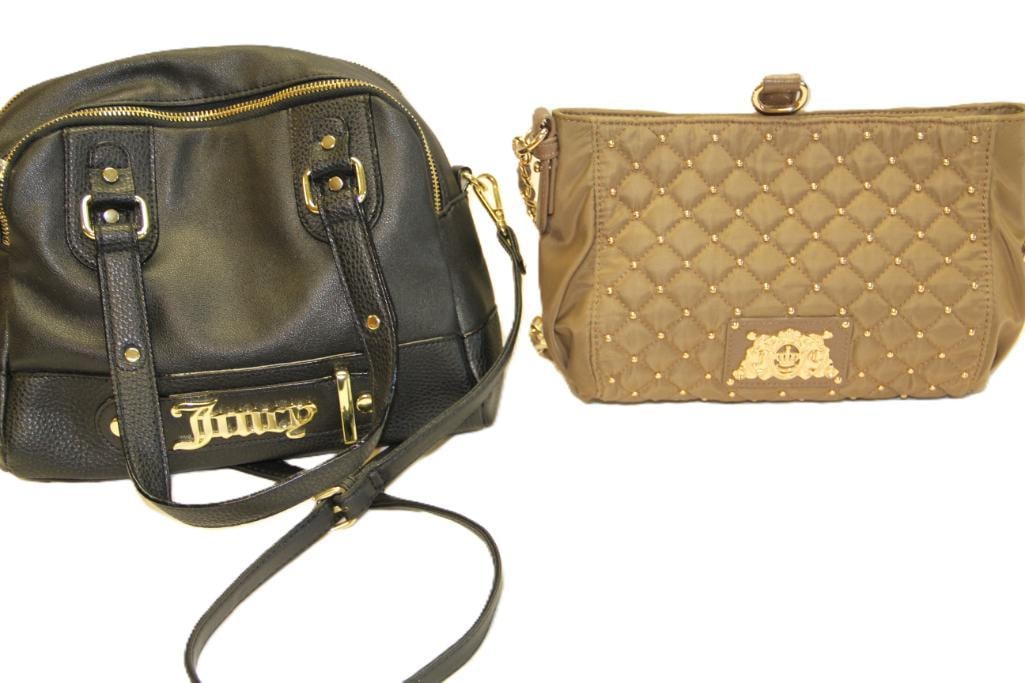 Lot of 2 NEW Juicy Couture Quilted tan diamond fabric and black vinyl handbags. Satchel: AUTHENTIC . Black measures: 8.5" x 9" w x 5" deep. Tan measures: 7" h x 11" w x 2.5"