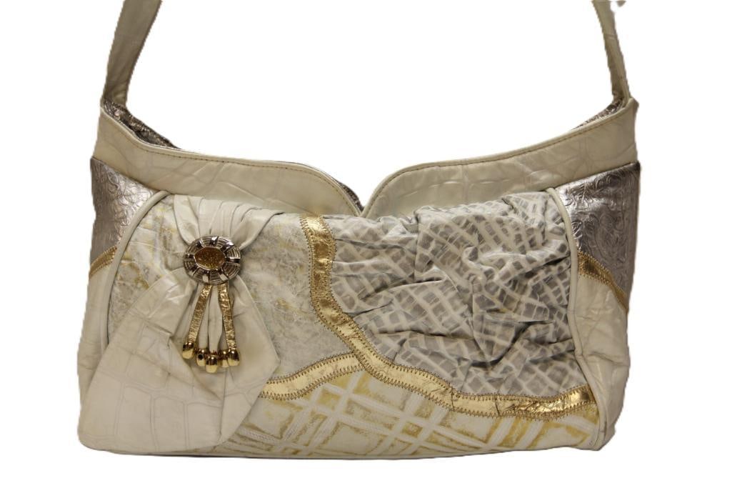 VINTAGE DESIGNER REEM USA Genuine Leather White Silver Gold Leather Satchel Handbag (1 of 10)