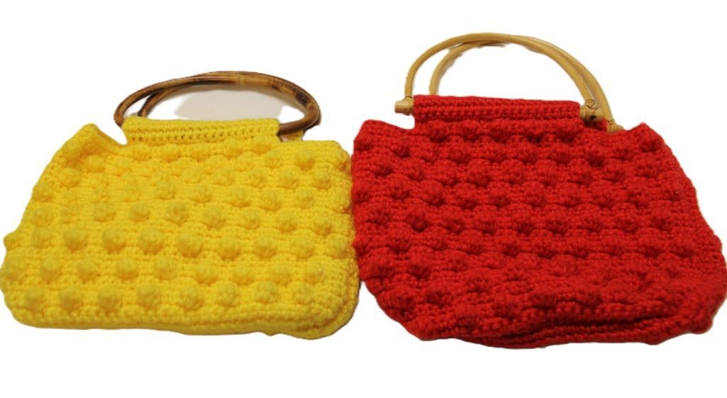 VINTAGE Crocheted Macrame Popcorn Stitch Hand knit craft Knitting Bags.: Handmade. bright yellow and a bright red bag. Bamboo wood handles. Measure: 12" w x 9" h x 2" D.