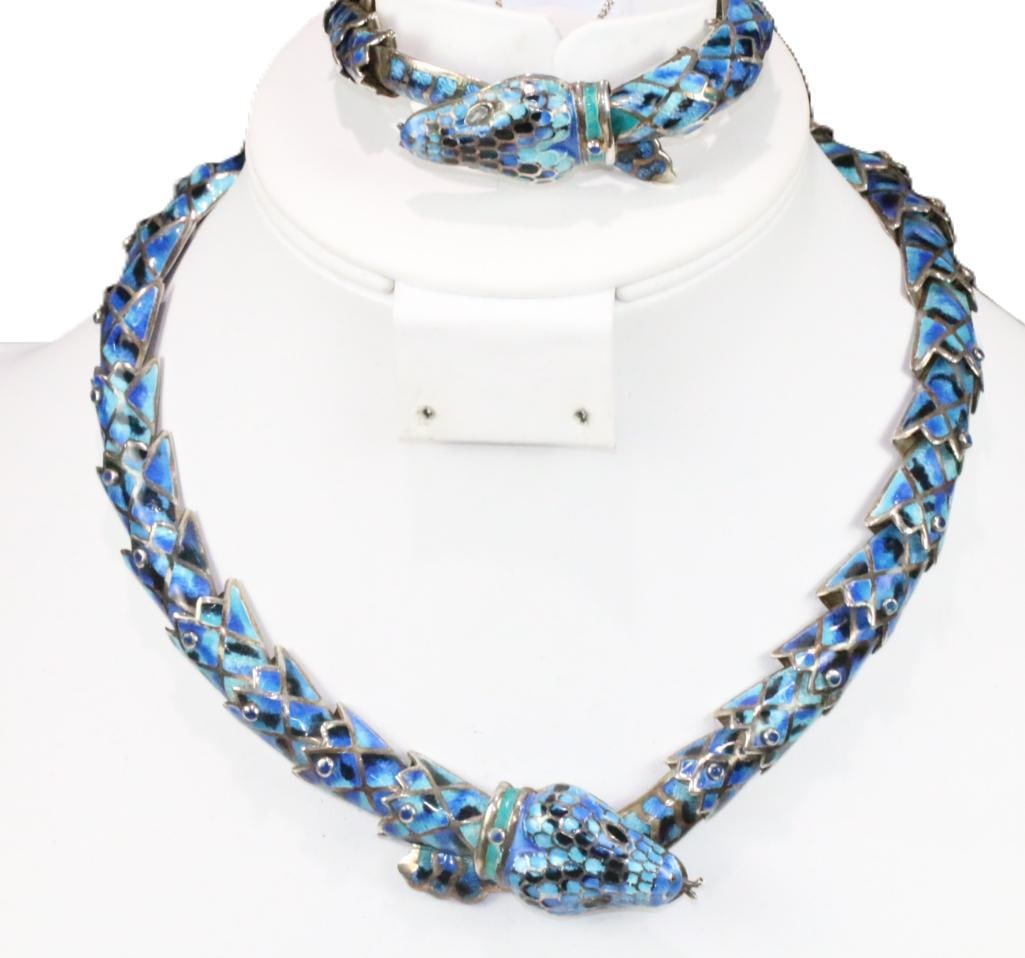 Vintage Sterling Silver Native American Margo de Taxco Enamel Snake Necklace bracelet set 133 grams (1 of 15)