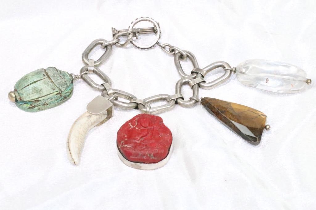 RARE Rebecca Collins Large Carved native Charm bracelet, coral, bone, scarab 143.9 grams.: ONE OF A KIND Rebecca Collins signed Rebecca Collins AD MAIOREM DEI GLORIAM STERLING large charms in red coral carved Indian girl, large bone tooth design large ? Clear quartz, large tiger eye and lar