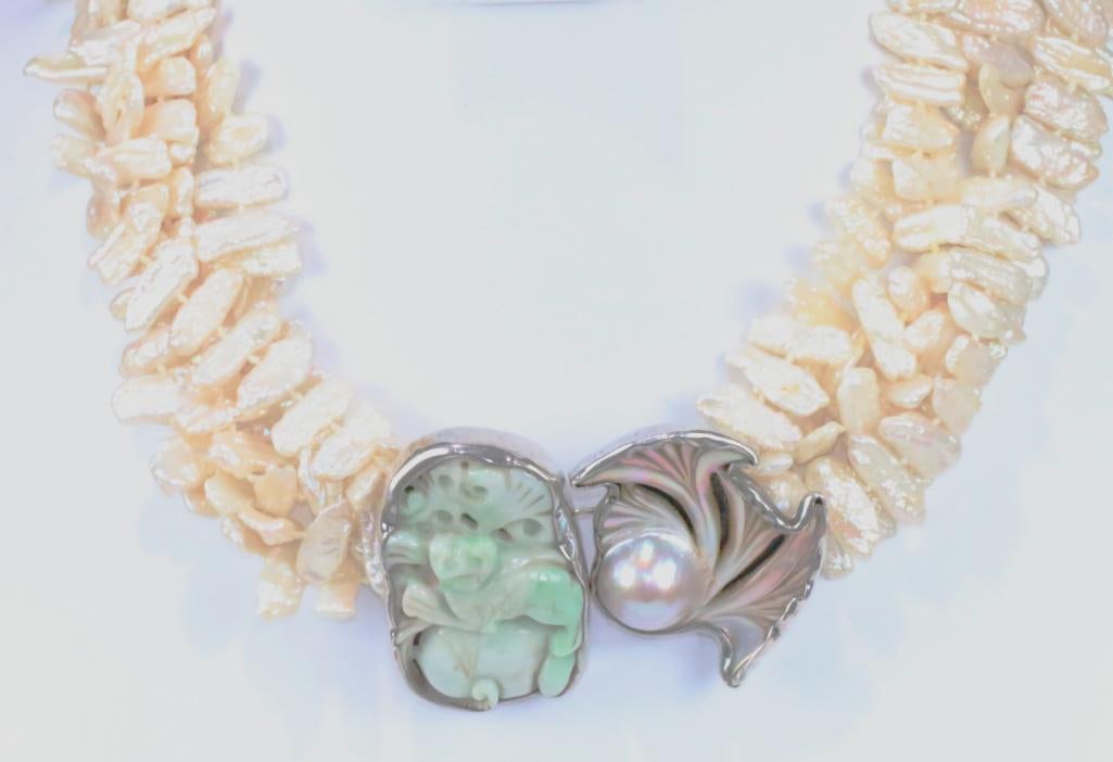 HUGE RARE Rebecca Collins Sterling Silver Pearl Carved Pendant Pearl Necklace 253.6 grams. (1 of 8)