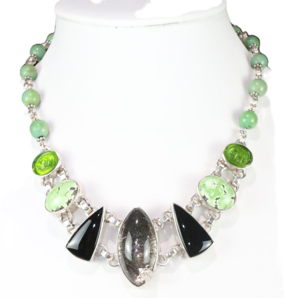 FABULOUS OOAK Stephen Dweck Sterling Silver Black Rutilated Quartz, Turquoise, Necklace. 106.4 grams (1 of 13)