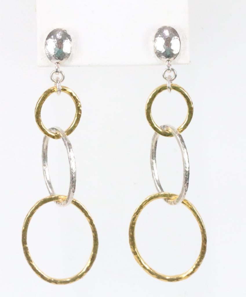 Gurhan triple hoop HOOPLAH collection two toned Earrings 24kt gold overlay 925: The smaller 1.85" hoops retailed and sold out at $995.00! These are the Triple large oval interlocking drop earrings. 2.25" long x 3/4" widest hoop. Gorgeous dangly earrings. Hammered design. Brillian