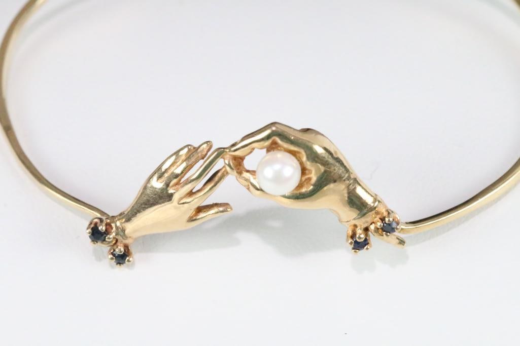 LUXURY ESTATE 14kt gold 2 hand pearl & topaz bangle bracelet. 6.5" 6.6 grams (1 of 5)