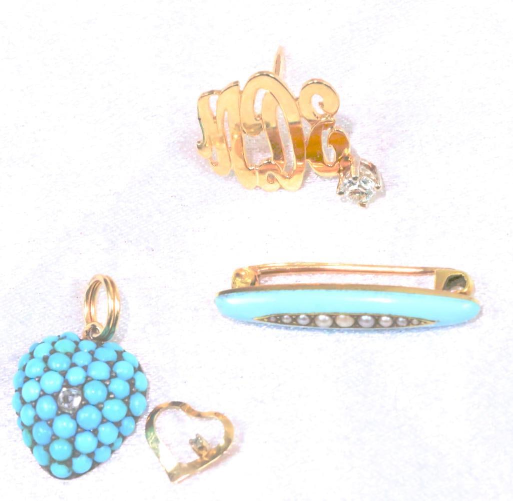 LUXURY ESTATE 14kt gold lot of turquoise, pearl diamond pins & pendants  5 grams (1 of 12)