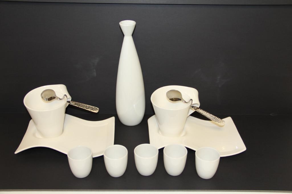Villeroy & Boch New Wave Cafe Mug/spoon/saucer- set of 2, White decanter with cups: Villeroy & Boch New Wave Mug/spoon/saucer- set of 2, White decanter with 5 x 2 1/4" cups