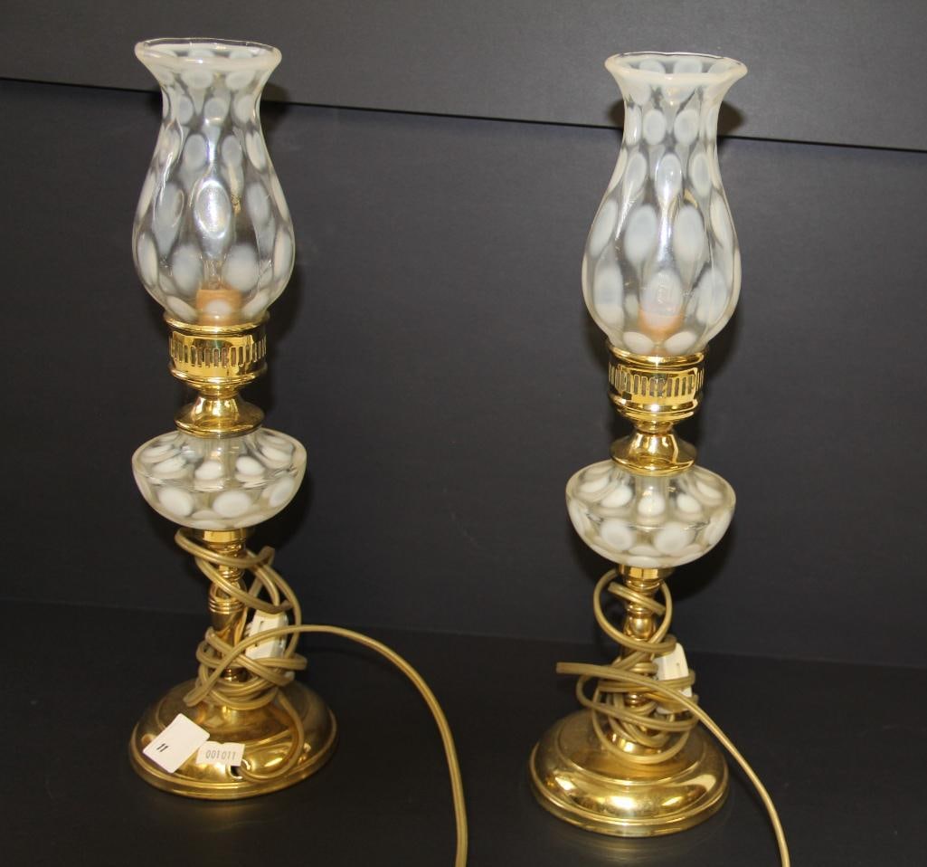 2 Vintage Boudoir Fenton White Coin Dot Glass Shade Brass Table Lamp (1 of 1)