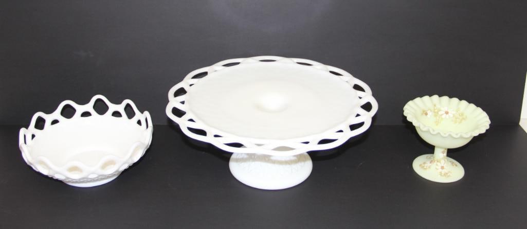 3 Pieces- Fenton Custard Class Footed Candy Dish Daisy Flowers, Milk Glass Pedestal Cake Plate, Milk (1 of 3)