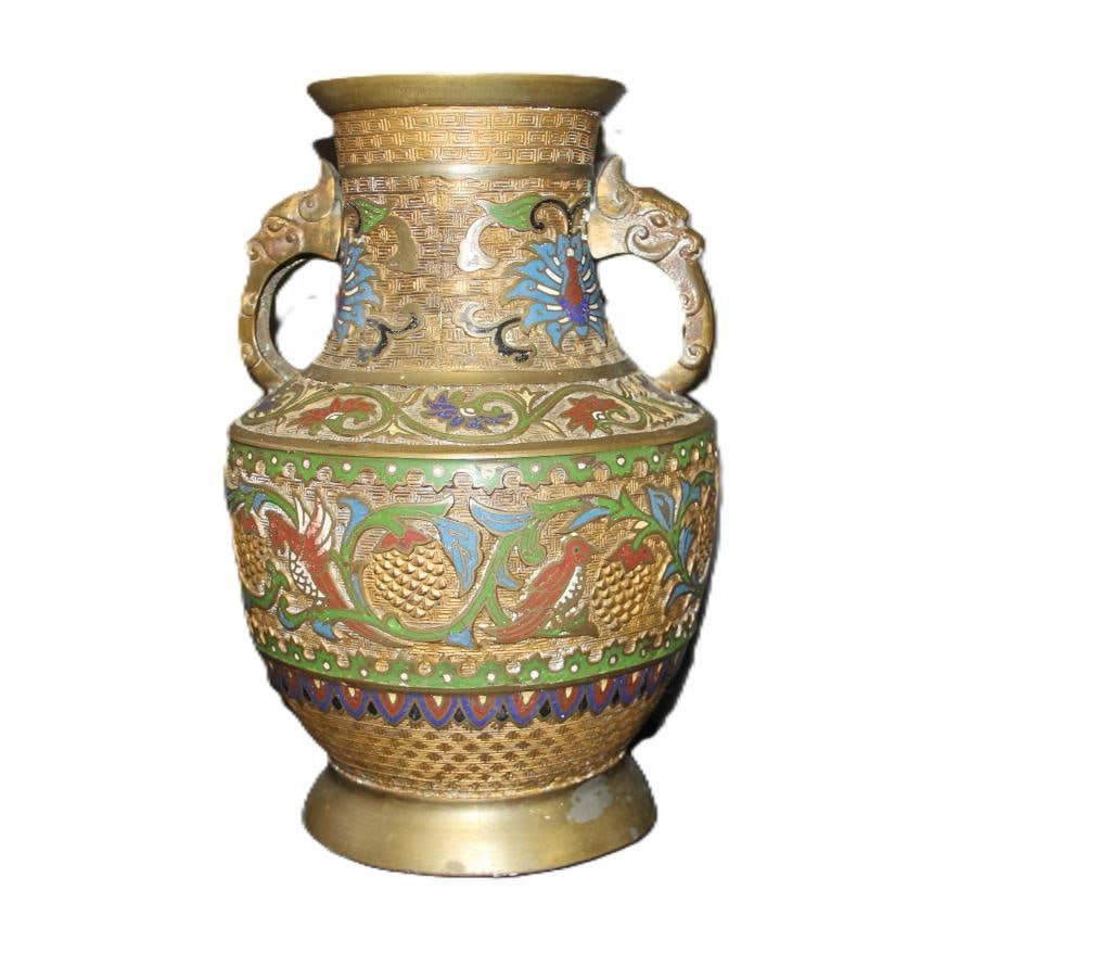 Japanese Hand Painted Champleve/ Cloisonne Large Brass Painted Vase 12" (1 of 4)