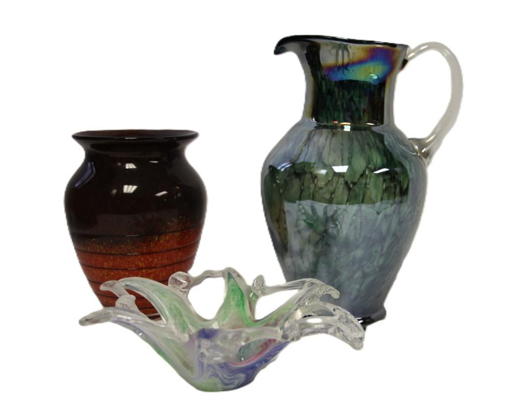 3 Pieces- Vintage Murano Style Flower Star Bowl, Bohemian Czech Brown Orange Vase, Green Iridescent (1 of 2)