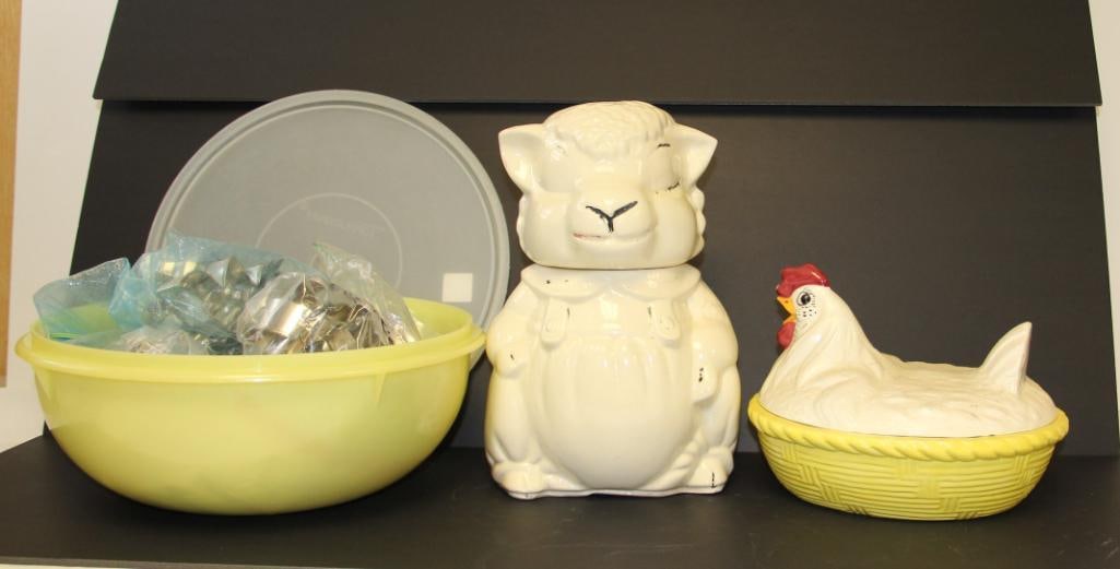 Vintage Sheep cookie jar,  Covered Chicken dish,  Large bowl of assorted cookie cutters (1 of 7)