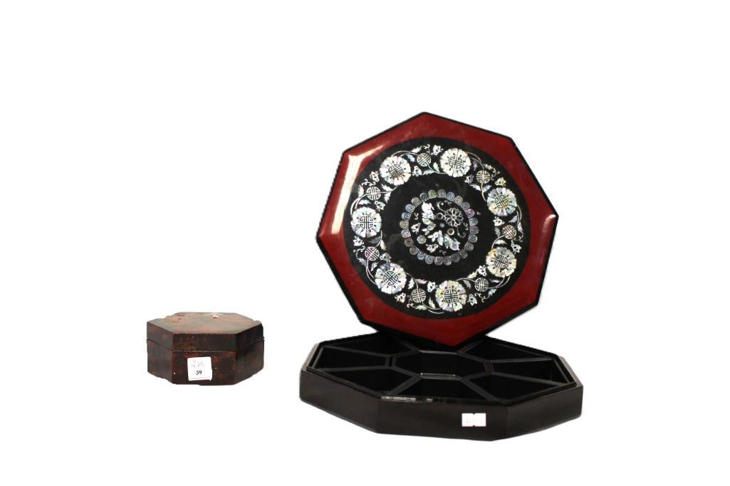 2 Lacquer boxes. One is mother of pearl divided covered jewelry box.: 4.5" pentagon shaped box, 11.5" pentagon shaped box with 9 interior separating compartments