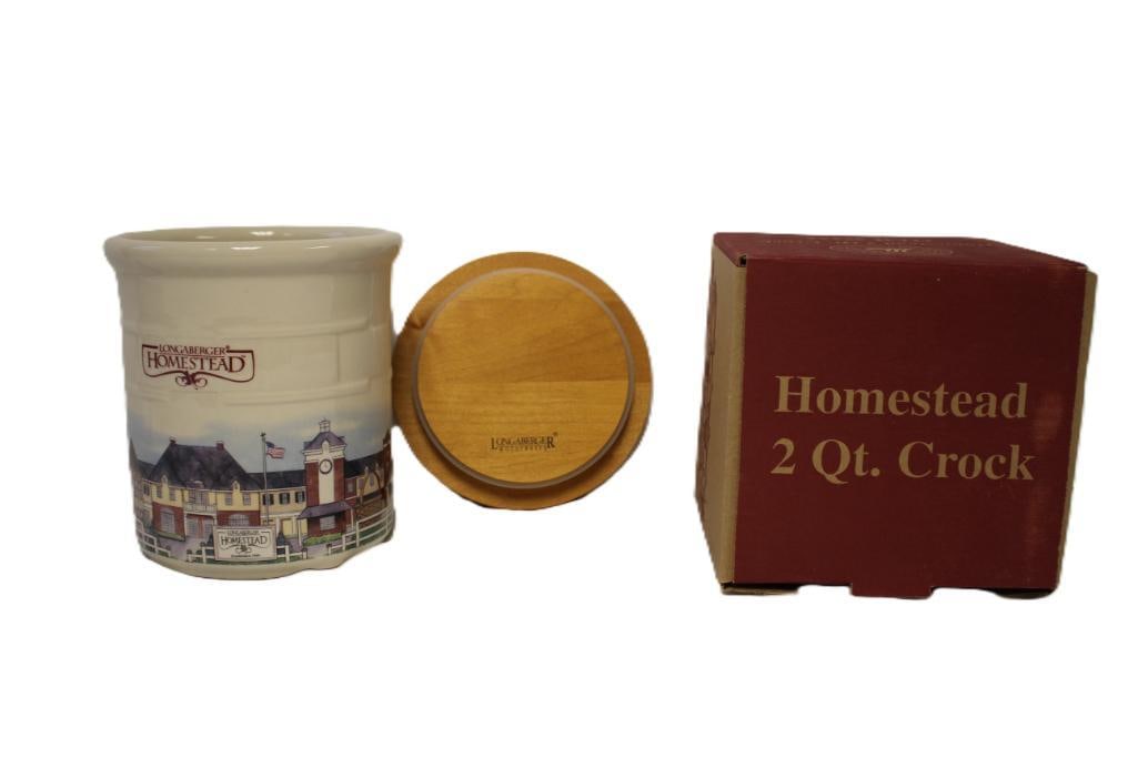 2 NEW Longaberger Homestead 2 qt crock: 7" high pottery crock with a wooden lid, One is in the box. BOTH ARE NEW.