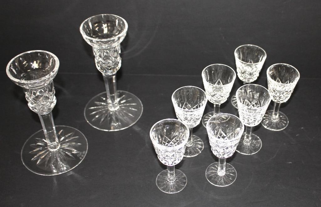 10 Piece Waterford Crystal Lot- 2 Candlesticks (signed and dated by artist), 7 Cordial Glasses (1 of 4)