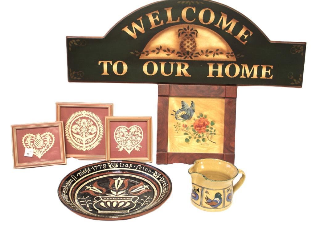 7 Piece Lot Small pitcher, Welcome Sign, Redware Tulip Folk Art Plate, Theorem Floral Painting on (1 of 10)