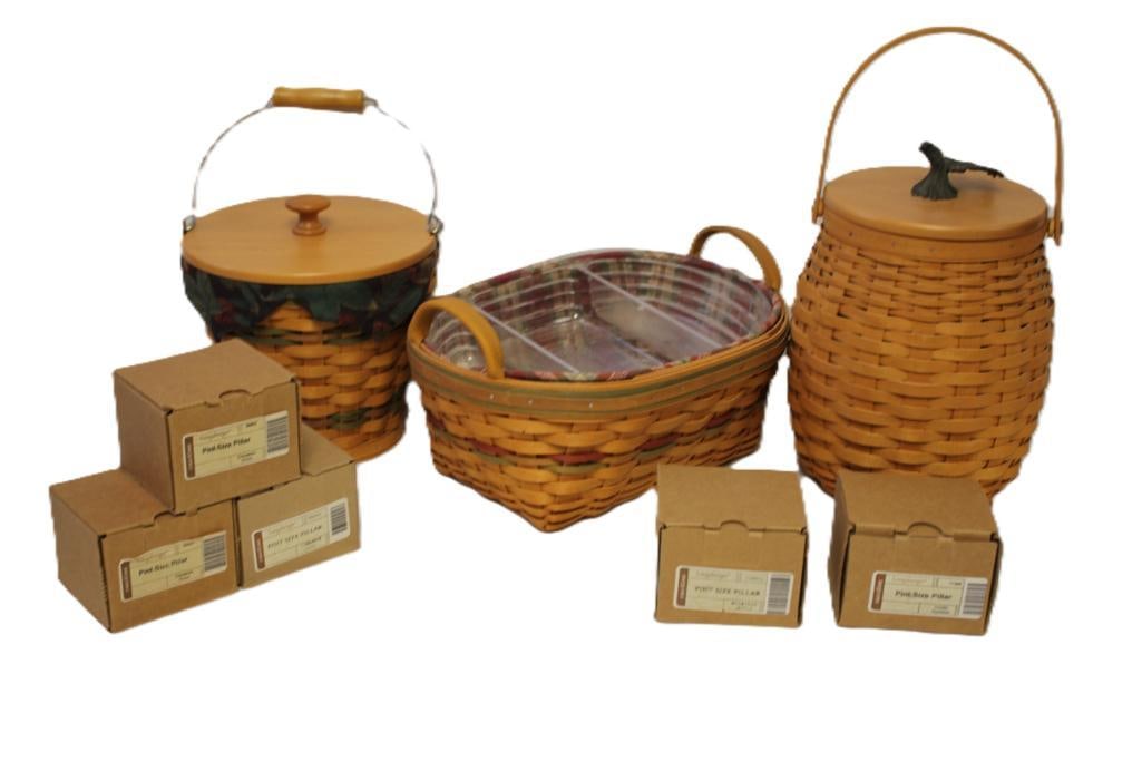 Lot of 3 Longaberger Baskets and 5 Longaberger small pillar candles. MOST NEW (1 of 7)