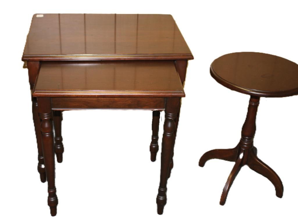 Set of 3 Mahogany Accent tables:  2 nesting and 1 round table hallmarked HARDEN (1 of 3)