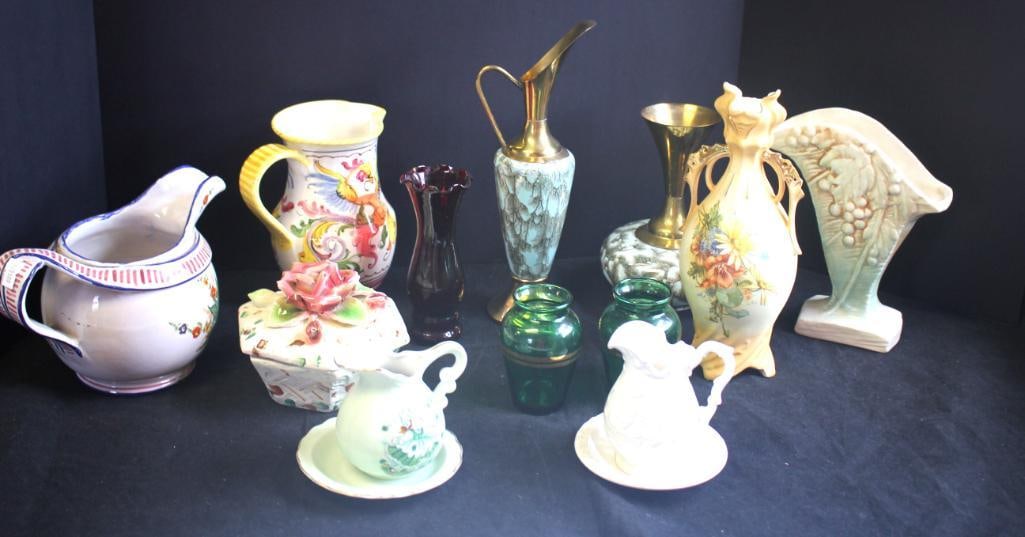 Assorted glass and hand painted ceramic vases and pitchers (1 of 8)