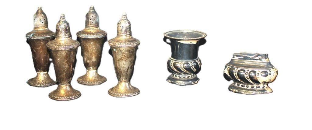 Sterling silver salt and pepper shakers and other: 4 weighted sterling salt and pepper shakers 5" tall, metal vase 3", metal lighter 2"