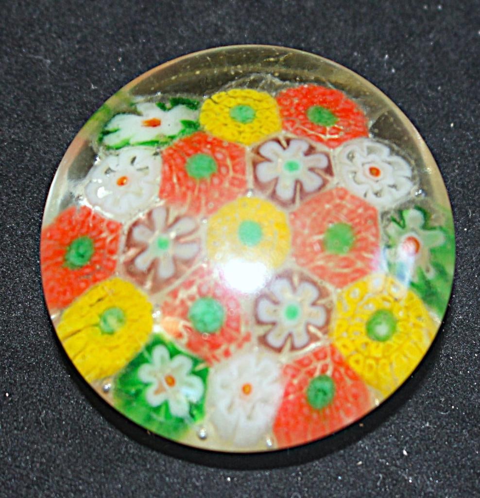 Antique Millefiori small Art Glass paperweight: glass floral paperweight, circa 1930's, 2" diameter.