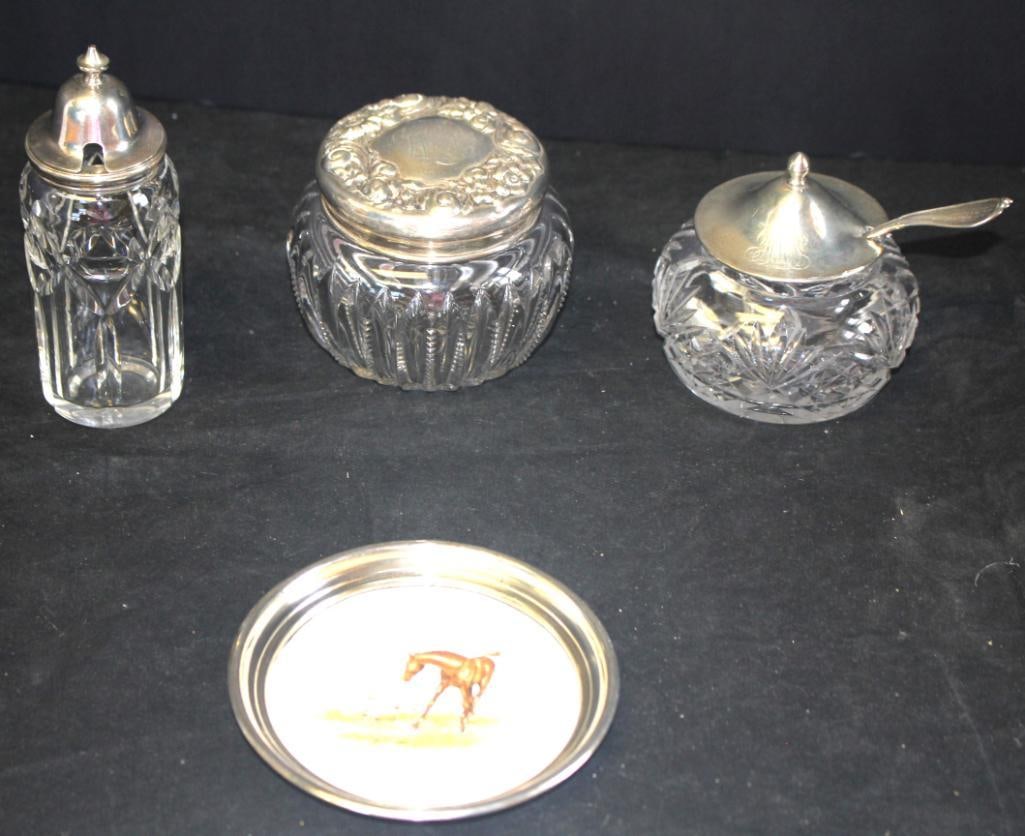 Lot of 4 sterling and crystal assorted pieces dresser jar, sugar bowl, bottle (1 of 2)