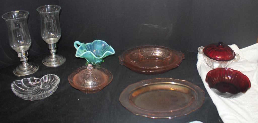 Lot of 12 Glassware and Set of Pewter Candlesticks (Depression glass) (1 of 5)