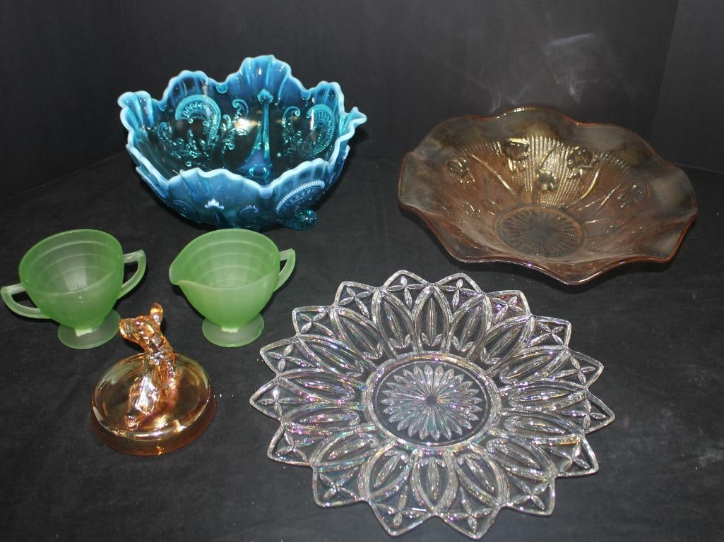 Lot of 6  Vintage Marigold Glass plates, bowls,  dugan more (1 of 3)