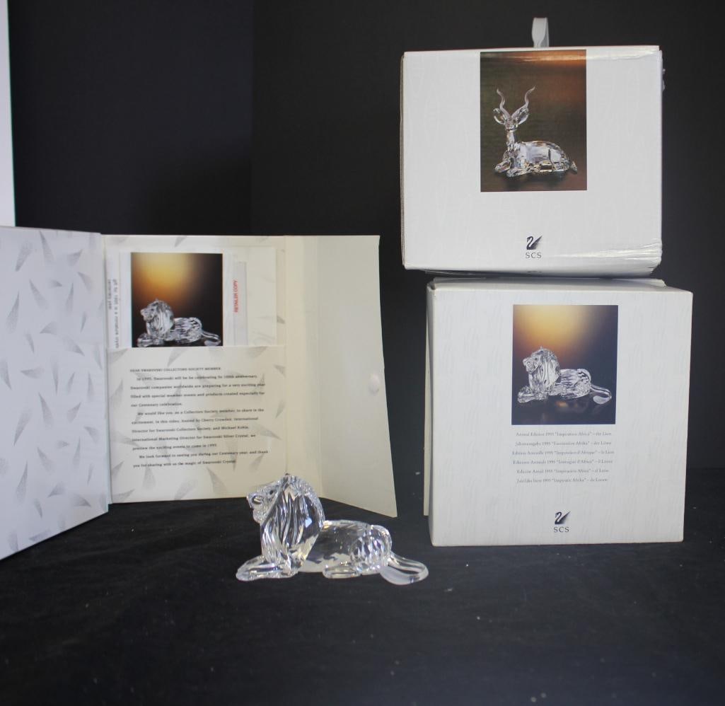 Lot of 3 Swarovski Items Figurines: 1995n VHS Special Events and Commemorative Pieces Video, 1195 Annual Edition Inspiration Africa- the lion, 1994 Annual Edition Inspiration Africa- the kudu