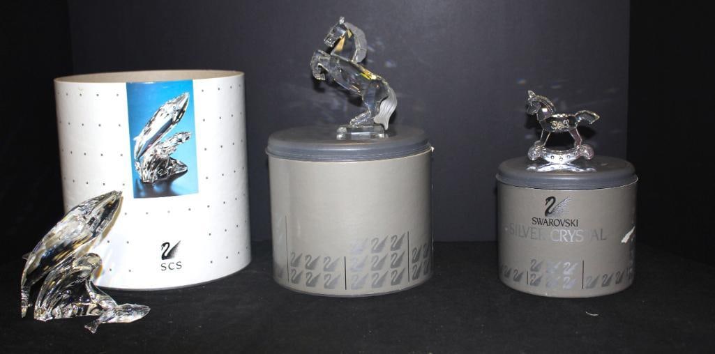 Swarovski Crystal- Lot of 3 original boxes: Rocking horse, stallion on rear legs, 2 breaching whales. One whale has a chip.